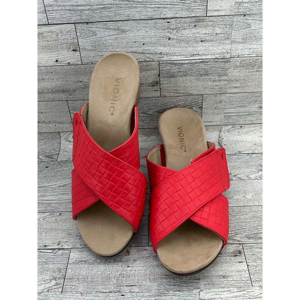 Vionic Leticia Pink Leather Basket Weave Cork Wedge Sandals Women 8 Adjustable